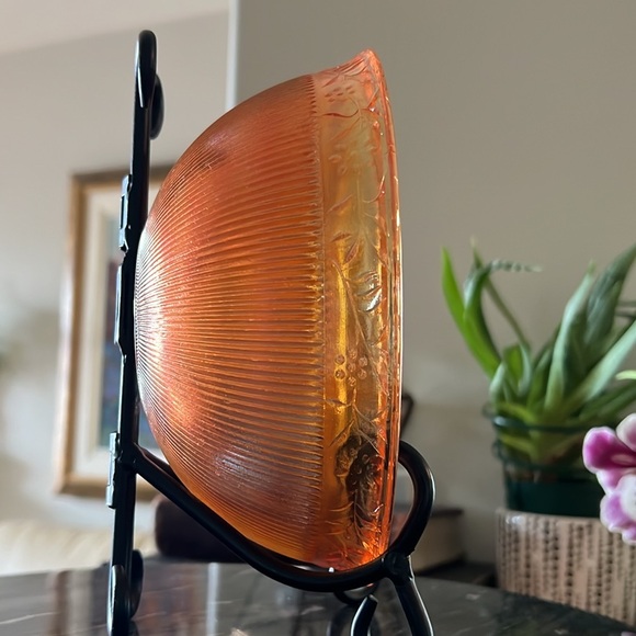 Antique 1928 Jeannette Glass Marigold Floral + Ribbed Carnival Glass Bowl - Picture 7 of 10